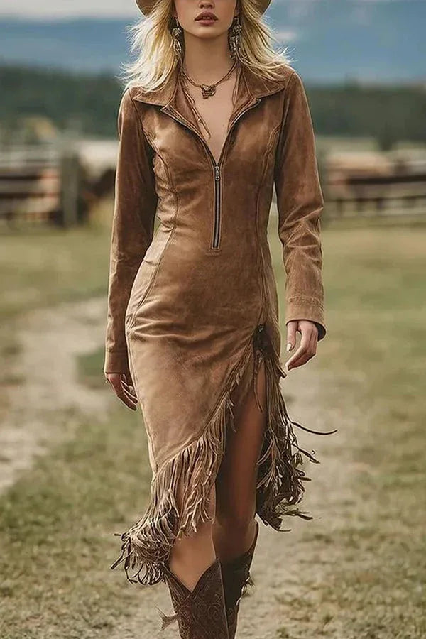 tassel midi dress Suede Long-sleeved Irregular Hem – Elspeth & June new:NEW & IMPROVED FIT Light pink one year No stretch Body SIZE:IT 42