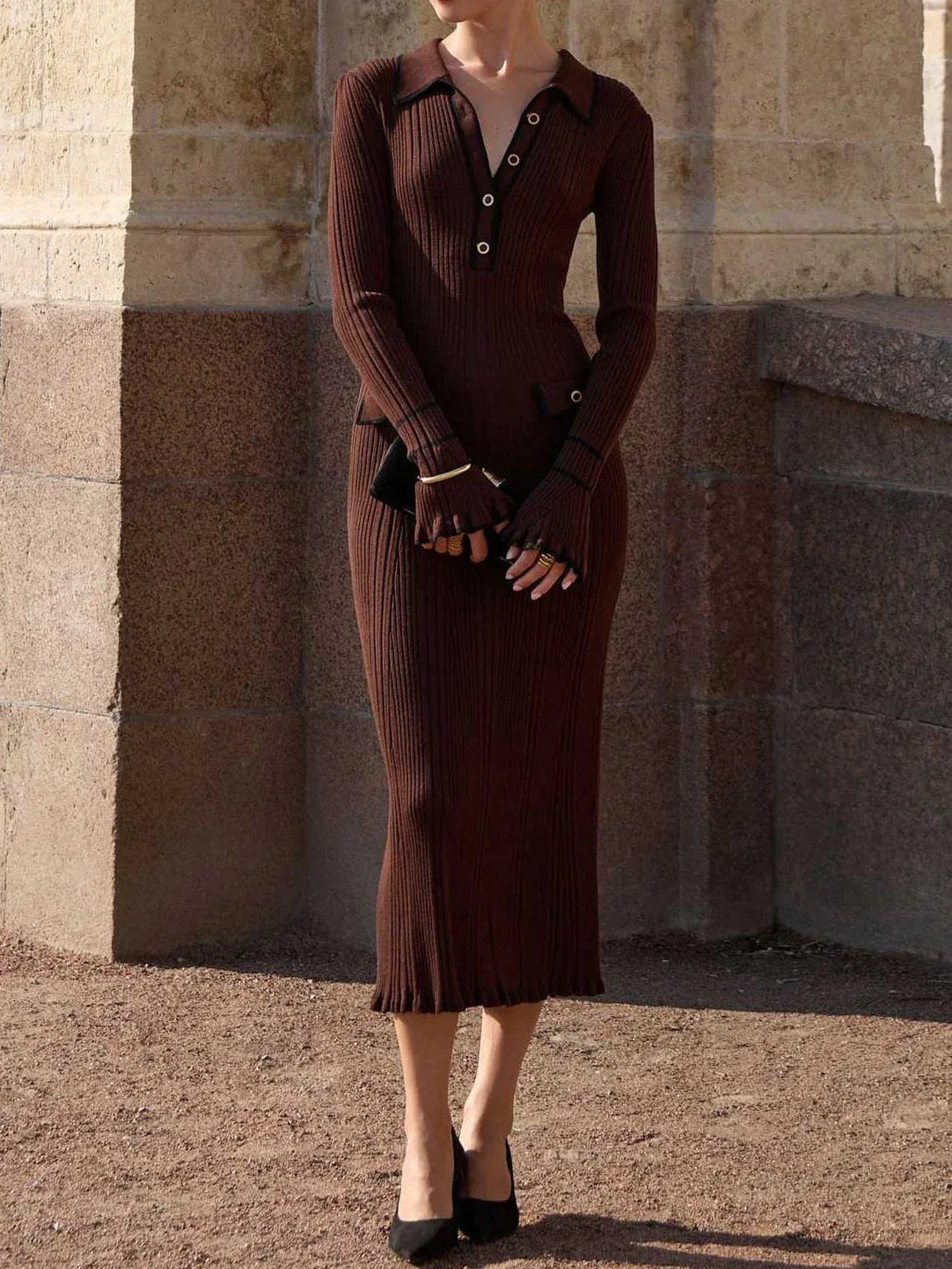 Contrast color Chanel style knitted elegant maxi dress