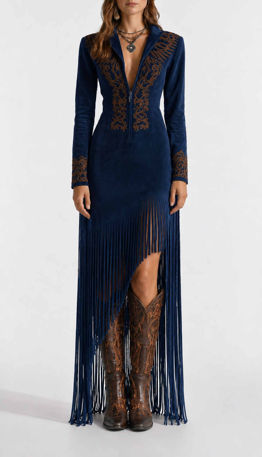 Maison Sauvage Long Western Dress – Fringe, Embroidery & Long Sleeves