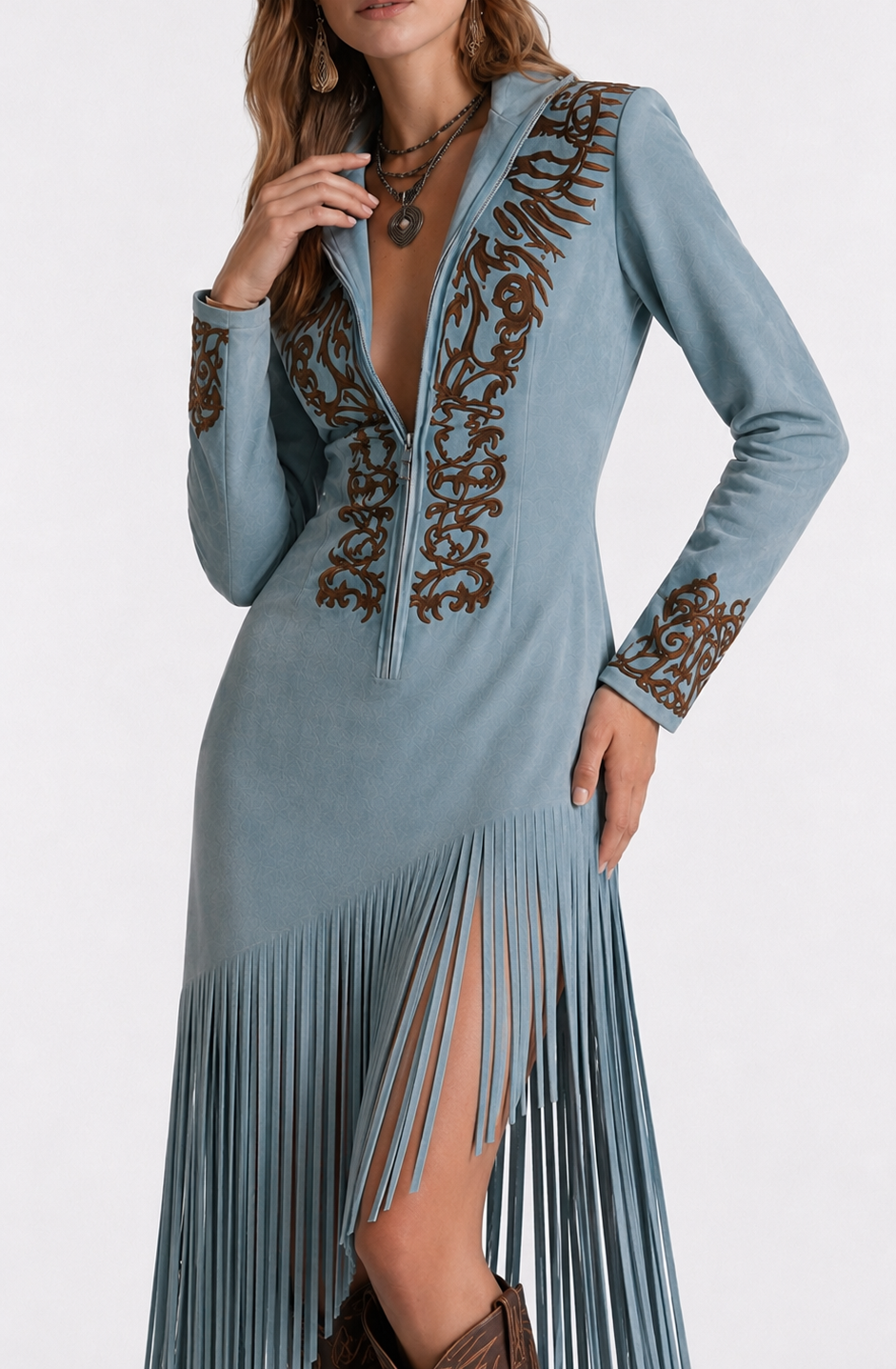 Maison Sauvage Long Western Dress – Fringe, Embroidery & Long Sleeves