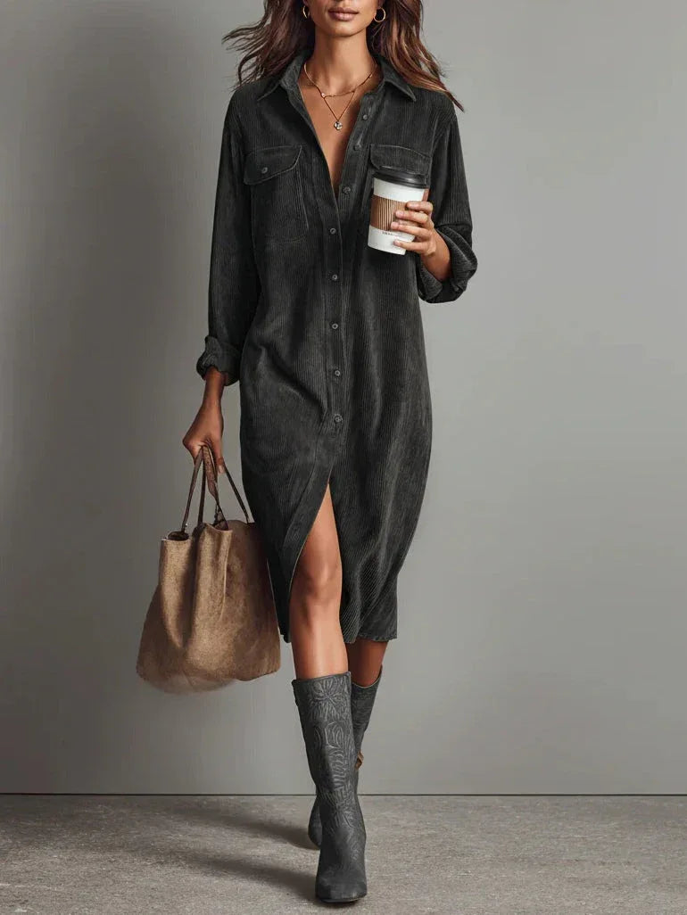 Loose Corduroy Double Chest Pocket Single Breasted Midi Dress