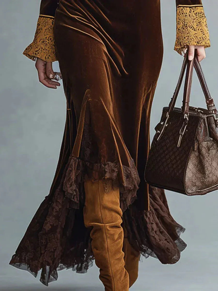 Fashionable retro lace half-zip cocoa brown velvet fishtail dress （Includes belt）