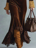 Fashionable retro lace half-zip cocoa brown velvet fishtail dress （Includes belt）
