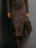 High Neck Long Sleeve Suede Midi Dress