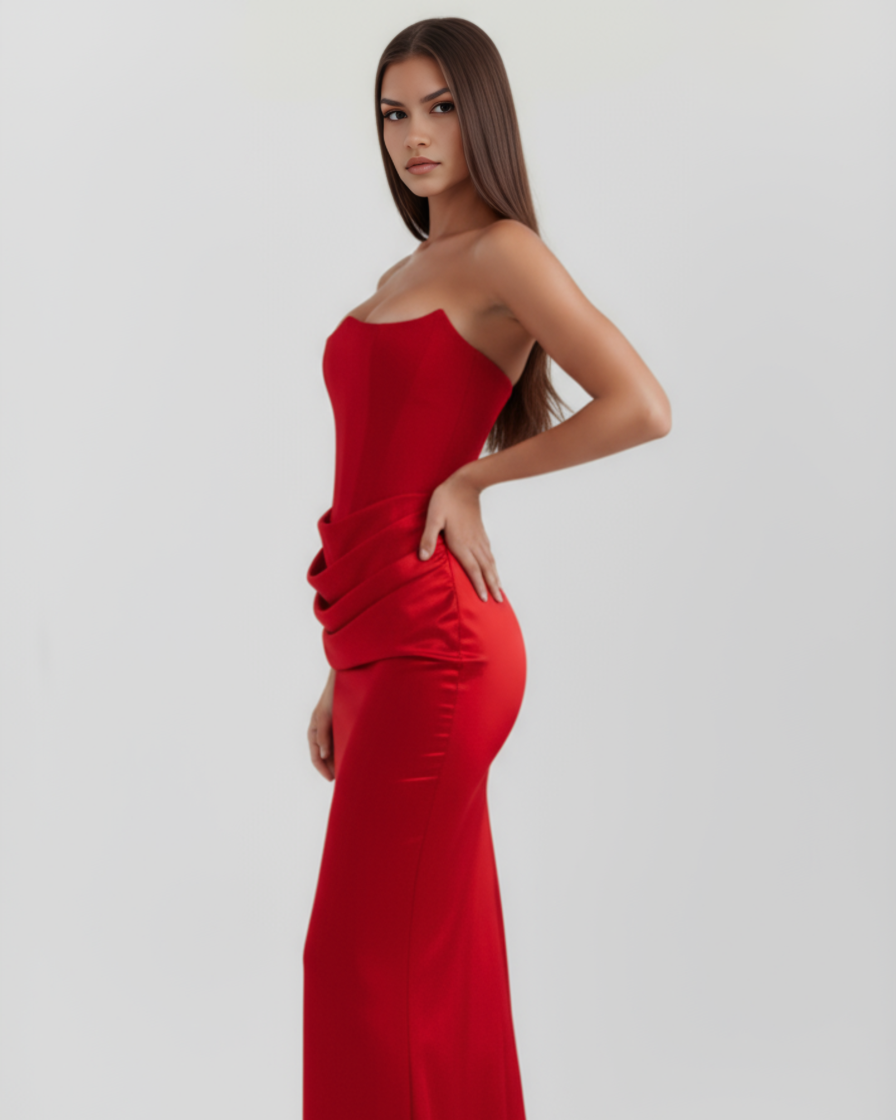 Full-length front view of the Rosalind Maxi Dress in Red — timeless romantic evening dress for weddings and special occasions