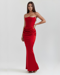 Rosalind Red Maxi Dress styled for a sunset wedding reception — elegant boutique occasion wear by elspethandjune