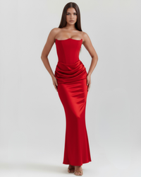 Side profile of the Rosalind Red Maxi Dress by elspethandjune — breathable satin-feel fabric with sweeping romantic silhouette