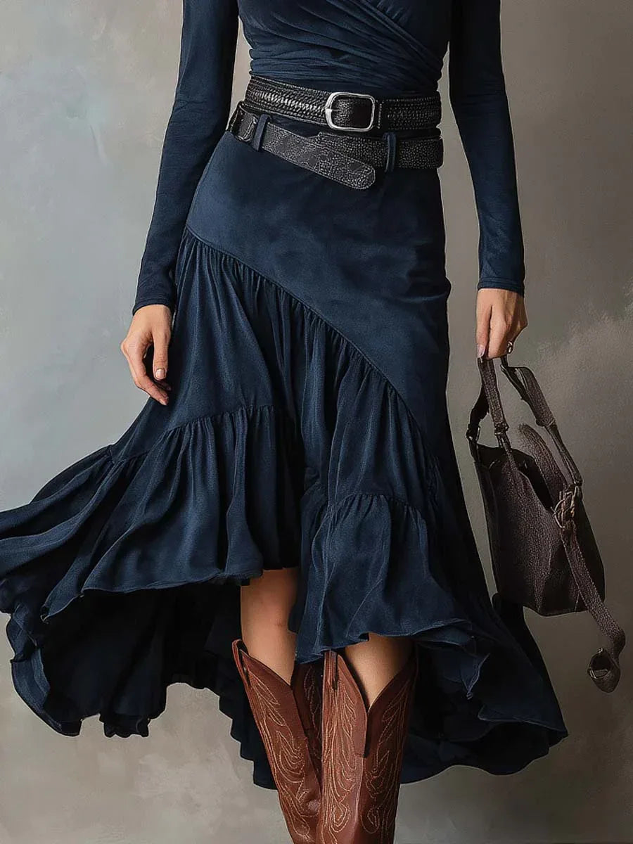 Navy Blue Crossover V-neck Faux Suede Irregular Maxi Dress(with belt)