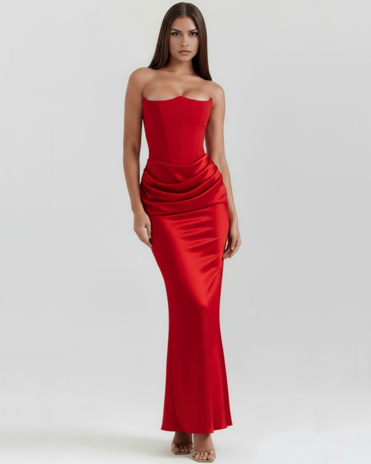 Woman wearing the Rosalind Maxi Dress in Red by elspethandjune — sculpted strapless corset and flowing satin silhouette, front view