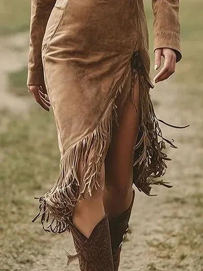Suede Long-sleeved Irregular Tassel Hem Midi Dress
