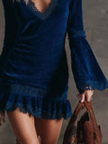 Elegant V-neck lace ruffle corduroy mini dress