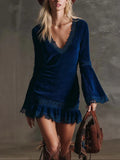 Elegant V-neck lace ruffle corduroy mini dress