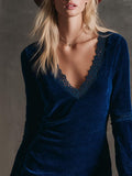 Elegant V-neck lace ruffle corduroy mini dress