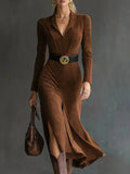 Retro Western Style Lapel Faux Suede Slit Midi Dress