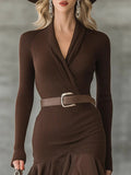 Simple V-neck Hem Stitching Crinkled Midi Dress
