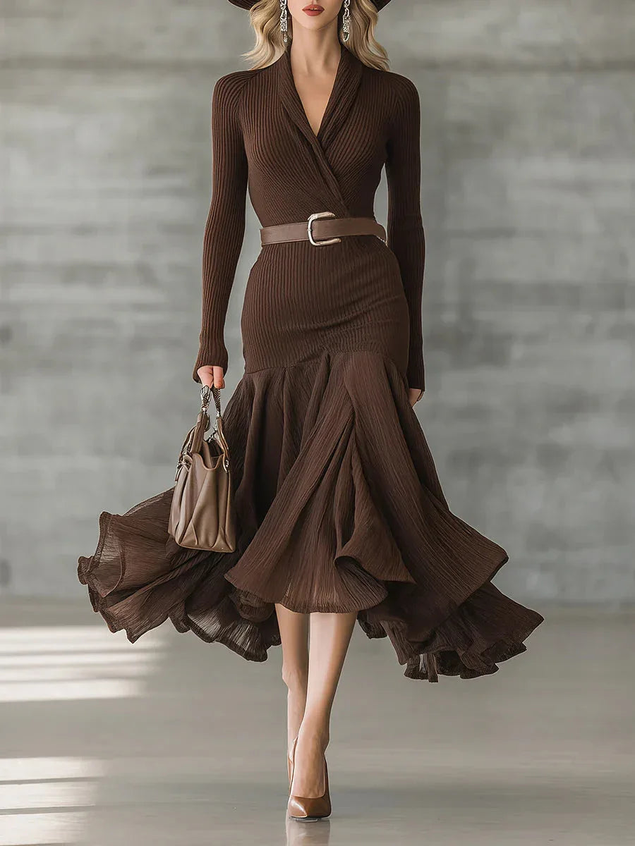Simple V-neck Hem Stitching Crinkled Midi Dress