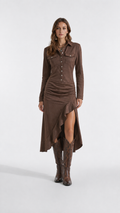 Vestido Feminino Saia Longa Assimétrica e Camisa Manga Longa em Camurça – Quimera