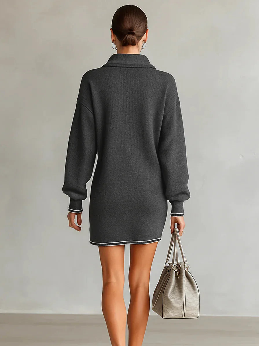 Fashion Loose Knit White Trim Zipper Polo Neck Mini Dress