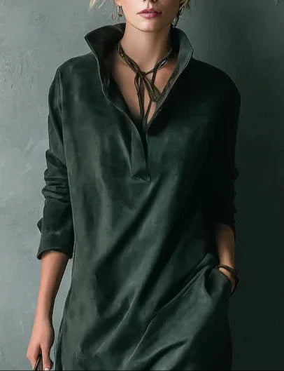 Green Loose Suede Lapel Long Sleeve Midi Dress