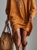 Loose lapel V-neck printed long-sleeved midi dress