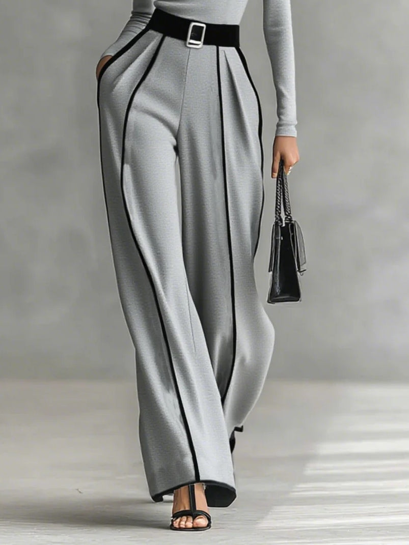Black Trim High-Neck Top & Wide-Leg Pants Set