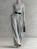 White Trim High-neck Top & Wide-leg Pants Set