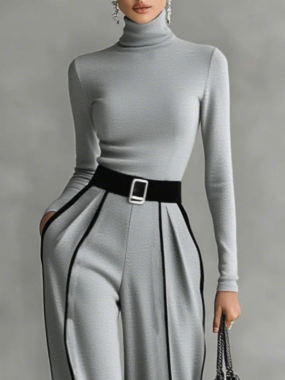 Black Trim High-Neck Top & Wide-Leg Pants Set