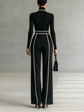 White Trim High-neck Top & Wide-leg Pants Set