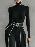 White Trim High-neck Top & Wide-leg Pants Set