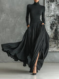 Fashion All Black Skinny Turtleneck T-shirt Pleated Skirt Set