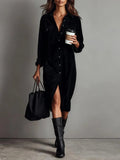 Black Loose Corduroy Double Chest Pocket Single Breasted Midi Dress