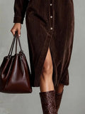 Loose Corduroy Double Chest Pocket Single Breasted Midi Dress