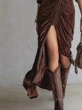 Vintage Button-stitched Pleated Velvet Midi Dress