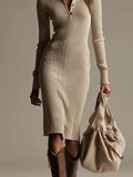 Beige Ribbed Knit Lapel Midi Dress