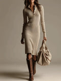 Beige Ribbed Knit Lapel Midi Dress