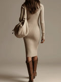 Beige Ribbed Knit Lapel Midi Dress