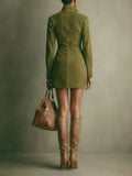 Brown Faux Suede Stand Collar Zipper Mini Dress