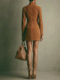 Brown Faux Suede Stand Collar Zipper Mini Dress