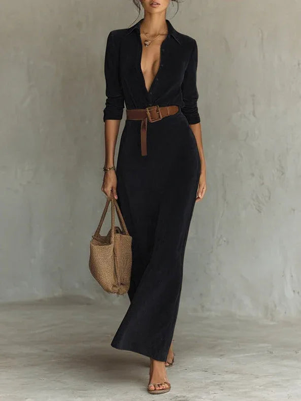 Suede Single-breasted Lapel Maxi Dress