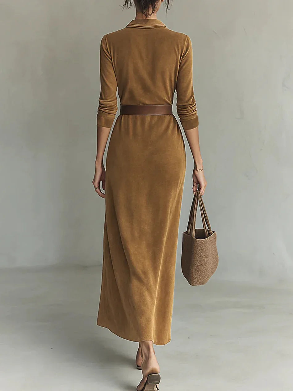 Suede Single-breasted Lapel Maxi Dress