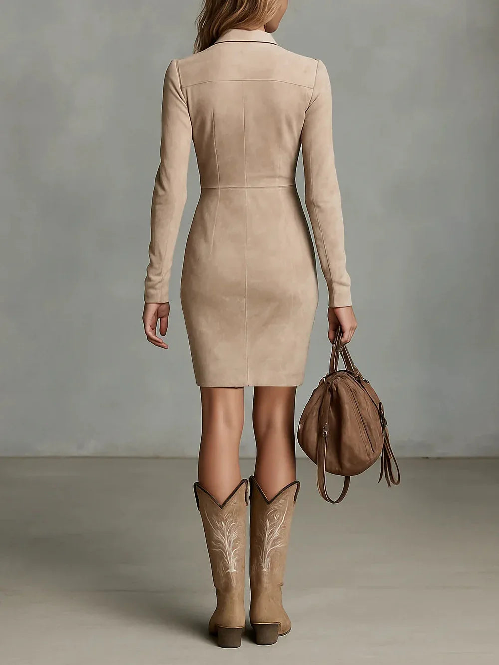 Beige Slim Suede Neck Floral Lapel Midi Dress