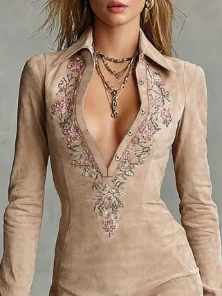 Beige Slim Suede Neck Floral Lapel Midi Dress