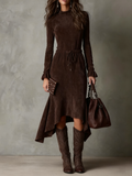 Elegant Dark Brown Drawstring Irregular Midi Dress