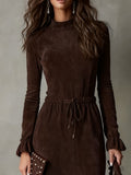 Elegant Dark Brown Drawstring Irregular Midi Dress