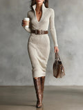 Slim Fit Half Turtleneck V-Neck Long Sleeve Knitted Belted Midi Dress