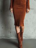 Vintage Brown V-Neck Faux Suede Lace Trim Ruffle Midi Dress