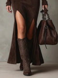 Elegant Dark Brown Faux Suede Square Neck Maxi Dress