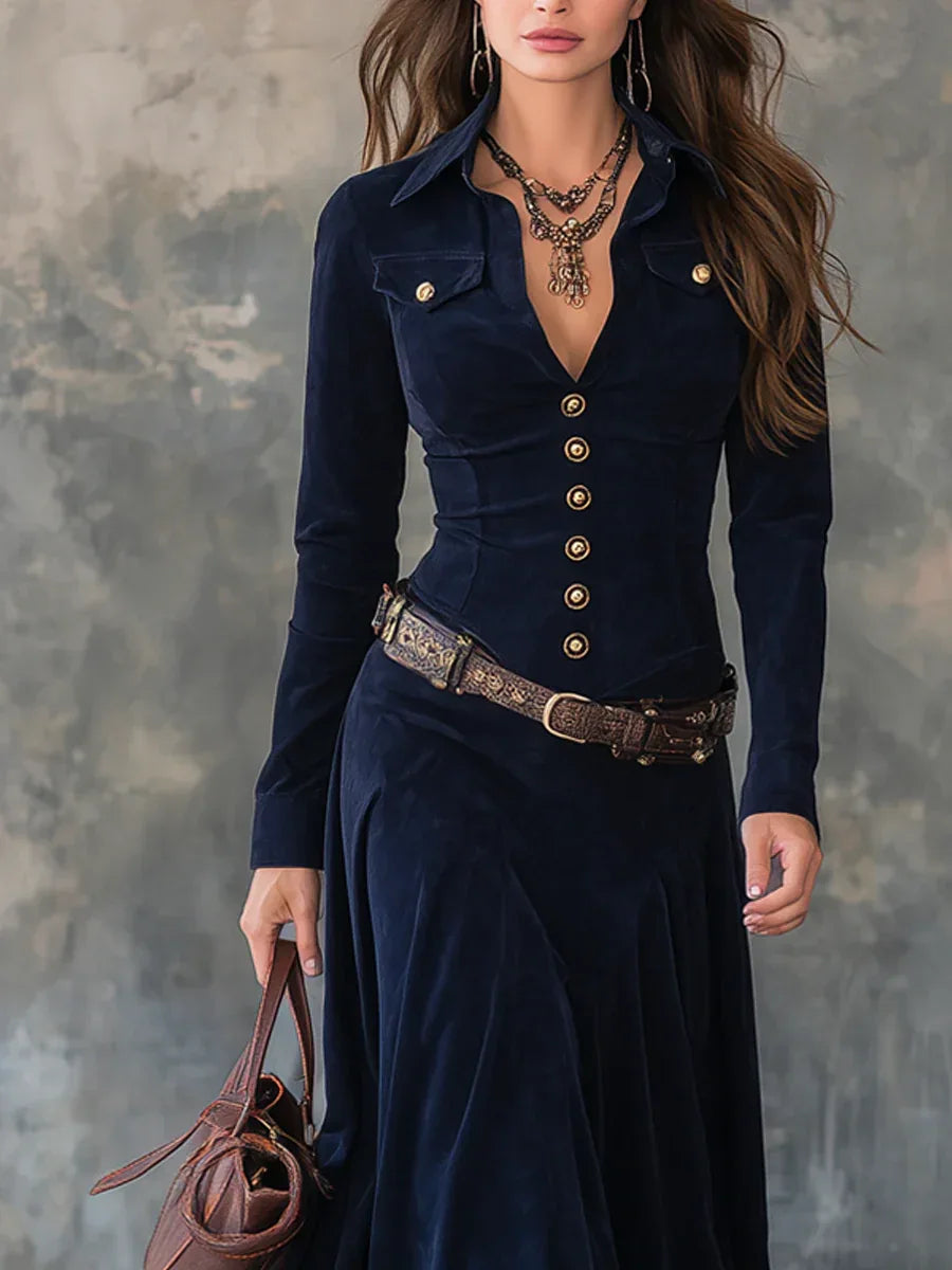 Vintage Flap Pocket Polyester Suede Maxi Dress(With belt)