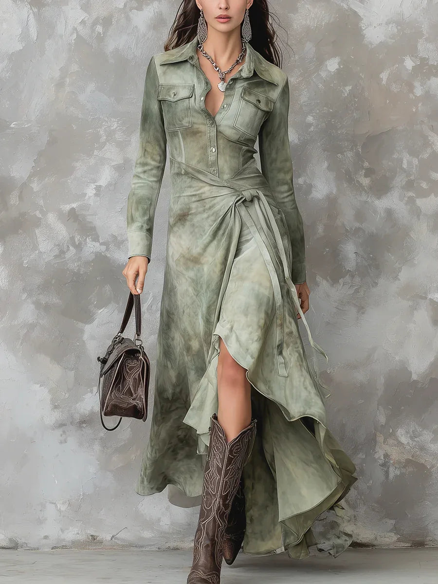 Vintage Sage Green Tie-Dye Pocket Slim Suede Maxi Dress