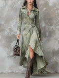 Vintage Sage Green Tie-Dye Pocket Slim Suede Maxi Dress